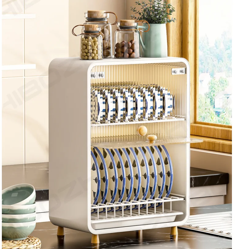 

Dustproof Bowl Drain Rack With Cabinet Door Kitchen Layering Storage Rack Multifunctional Cabinet Organizer Accessories