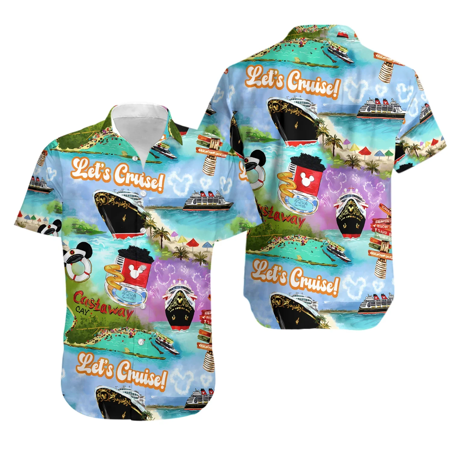 Miniso Disney Cruise Hawaiian Print Shirt Mens Women's Fashion Button Short Sleeve Shirt Disney Cruise Mickey Hawaiian Shirt Men 3