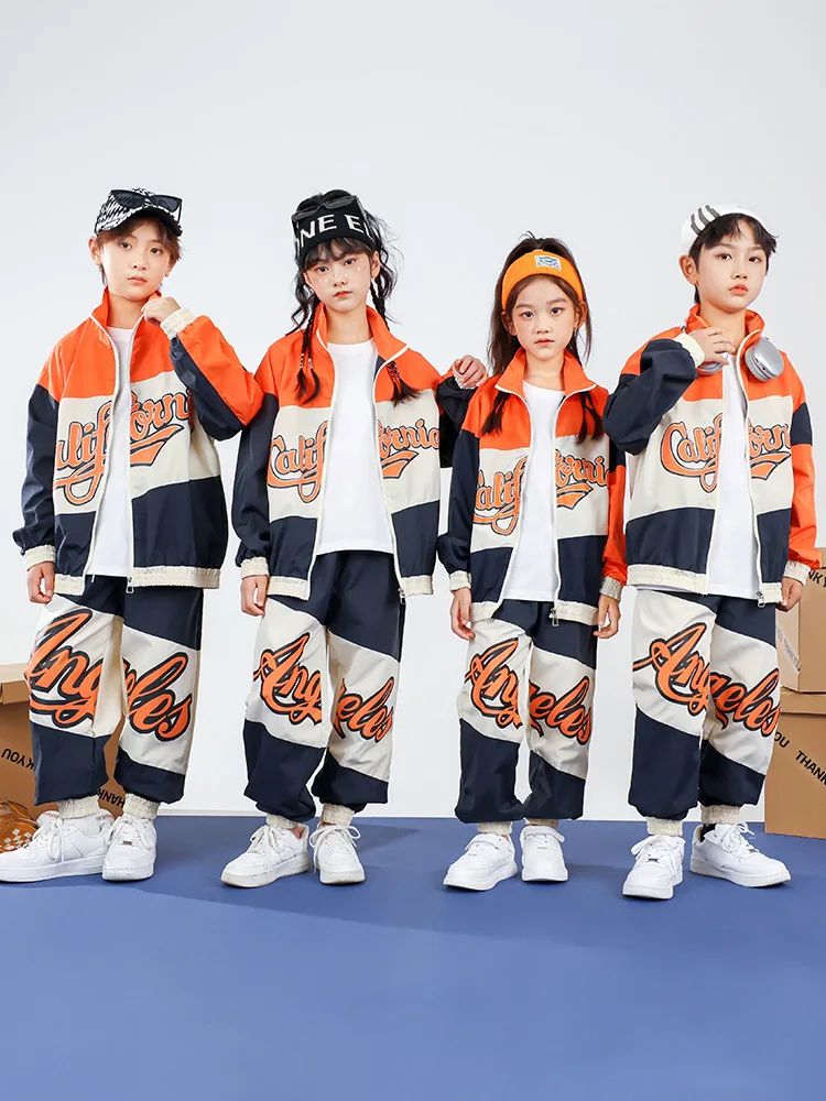 

Kid Kpop Hip Hop Clothing Color Block Windbreaker Jacket Top Casual Wide Jogger Pants for Girl Boy Jazz Dance Costume Clothes