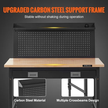 VEVOR 2000lbs Hardwood Workbench Heavy Duty Oak Plank Work Table Carbon Steel with 3m Cable 30 Hooks for Garage Office Workshop 4