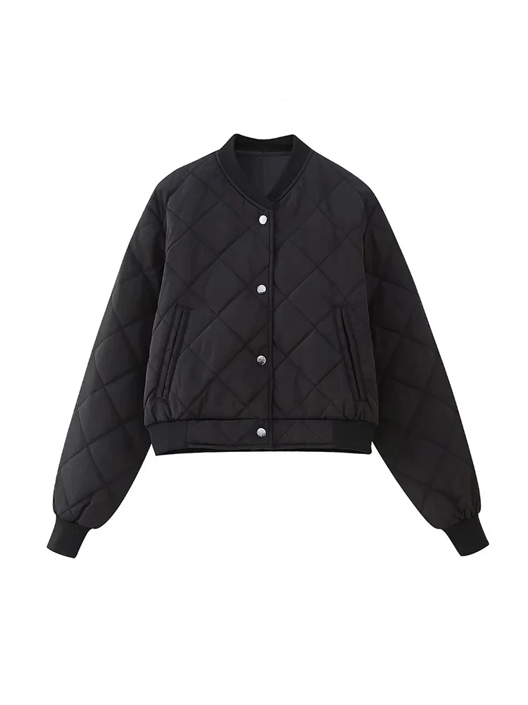 

TRAF Parkas Women Fashion with Pockets Padded Cropped Bomber Jacket Coat Vintage Long Sleeve Button-up Female Outerwear Chic Top