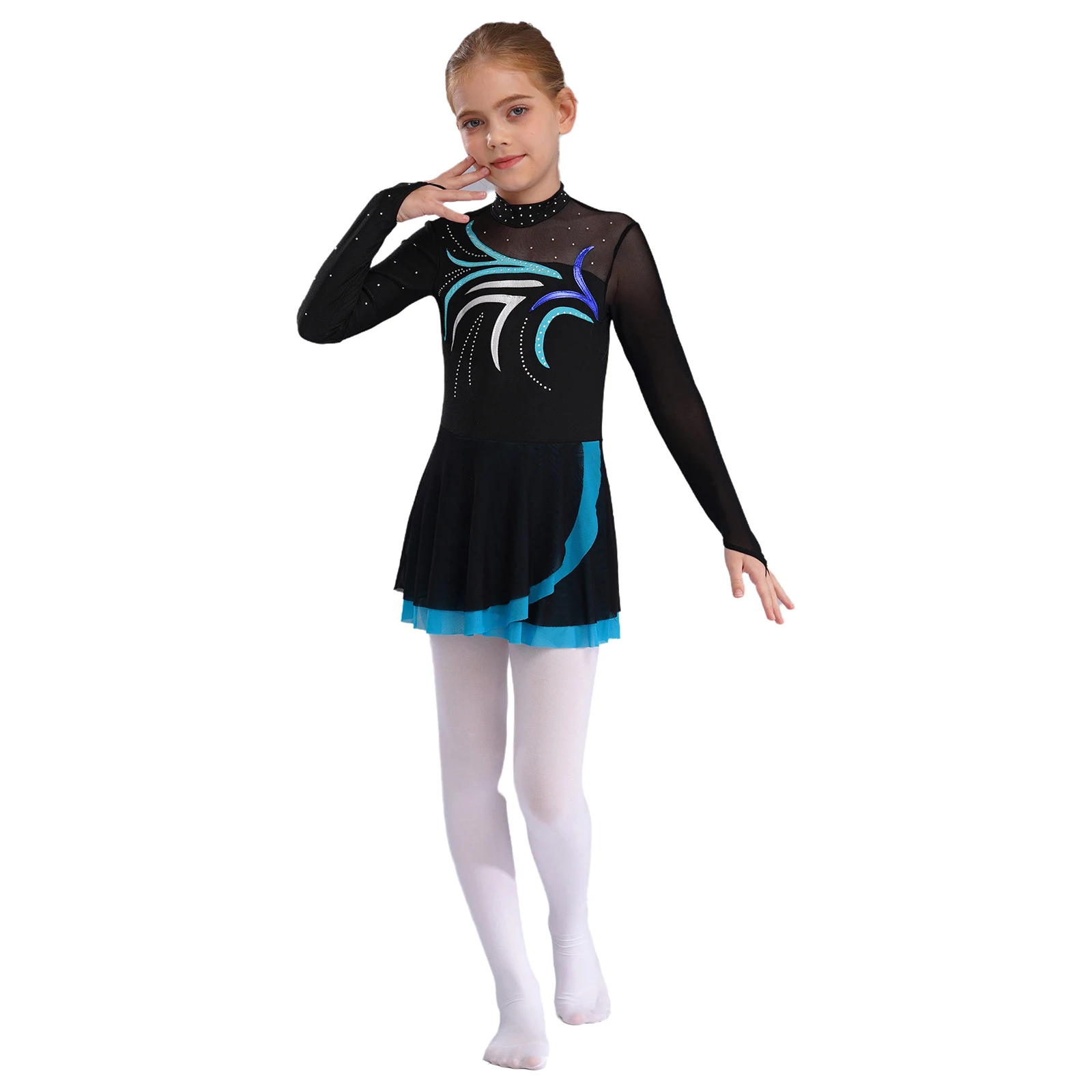 Kinder Mädchen Eiskunstlauf Tanz Performance Kleider Glitzernde Strasssteine Sheer Mesh Trikotkleid für Ballett Lyrical Dancewear – Detail 12