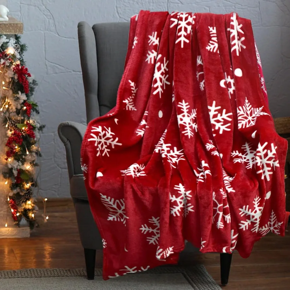 1pc Christmas Throw Blanket Soft Fleece Red Snowflake Blanket Home Décor Plush Christmas Throw Bed Blanket Throws