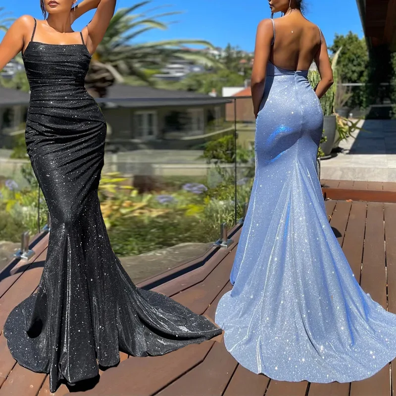 

Square Collar Satin Maxi Dress Long Train Mermaid Sleeveless Evening Party Tank Dress Stretch Black Floor Length Gown