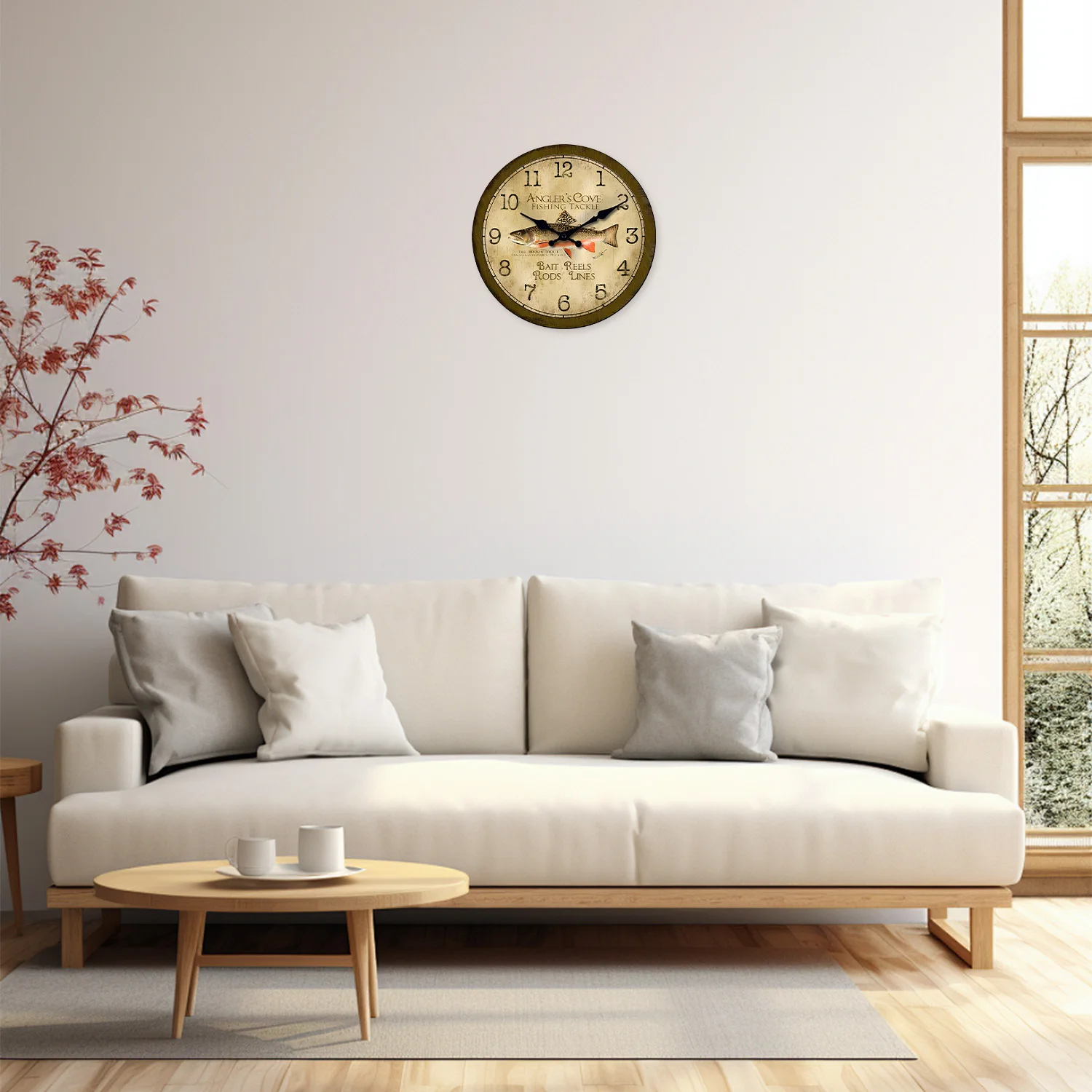 Trout fishing wall clock above a sofa