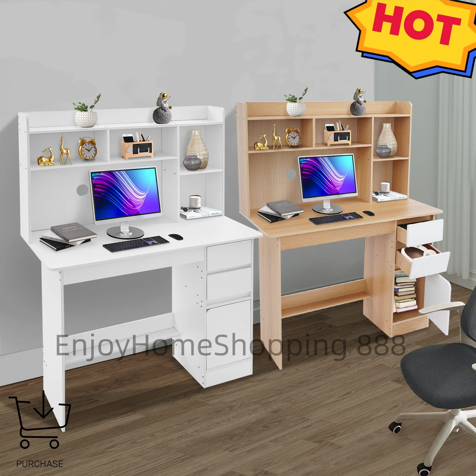 100cm Modern White Oak Study Desk with Bookshelf