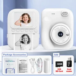 Children's Instant Color Printing Camera with 2.4 - Inch Display and 1080P Video Recording (White add 32GB)
