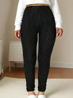 CUHAKCI Plus Size Sports Tight Women's Bottom Pants Black Vertical Strip High Elasticity Casual Fitness And Ankle Nine Pants