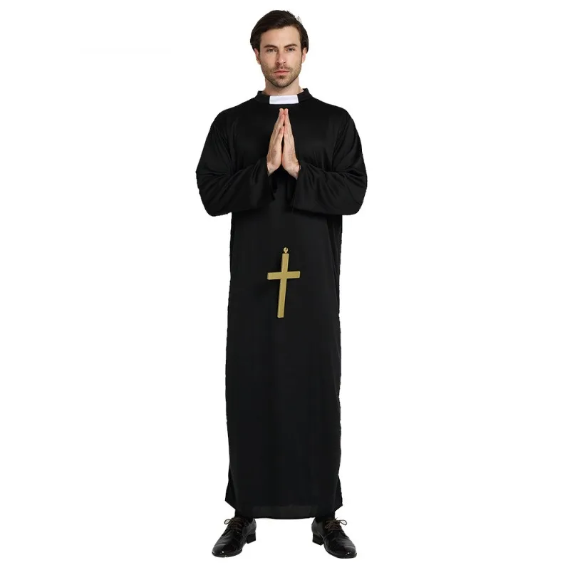Cosplay costume men festival costume set halloween cloak costume Adults All Black Robe Godfather Role Playing Costume with cross pastor missionaries Halloween Costume stage performance