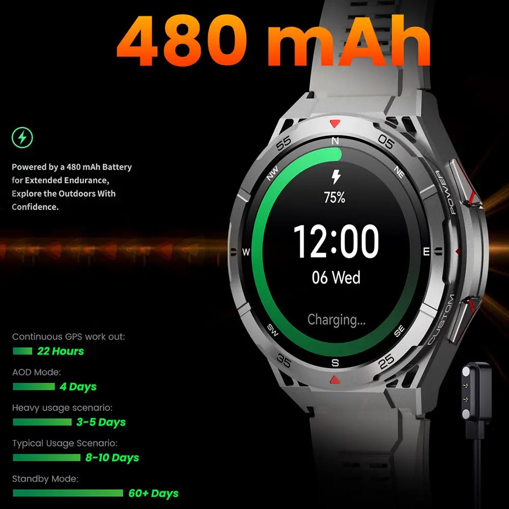 GPS Smartwatch Men 1.43'' AMOLED IP69K ��� �������� HD ��ȭ ��ħ�� ���� ��а� ��Ƽ ������ ��� ����Ʈ �ð� 2025