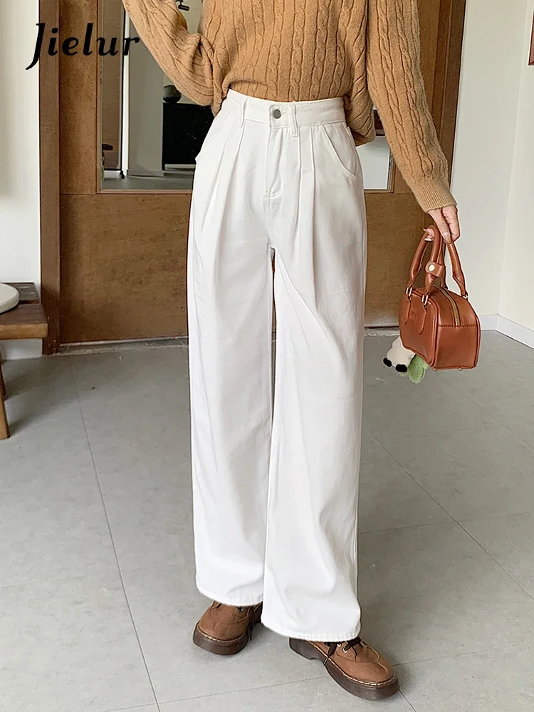 Jielur Autumn New Solid Color Slim Women Jeans Simple Basic Fashion Woman Jeans Loose Casual White Straight Leg Pants Female