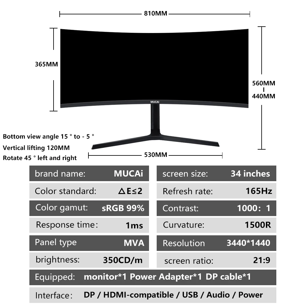 MUCAI Ŀ 144Hz ̵ ÷ 21:9 MVA 165Hz WQHD ũž LED ̸ ǻ ȭ, DP, 3440*1440, 34 ġ , 1500R