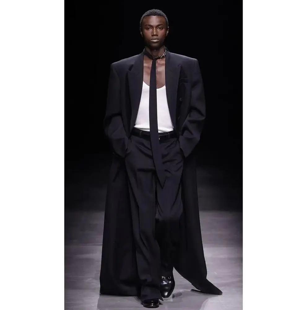 Loose Black Men Blazer Lengthening Lapel Walk Show Street Shooting Jacket Formal Prom Made Jacket 1 Piece