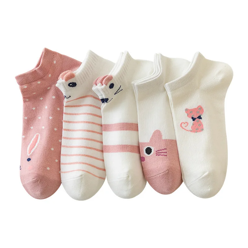 Description Picture 2 of item5 Pairs Womens Socks Kitty Crew Short Socks Creative Printing Socks Cartoon Cute Kitten Ankle Sock
