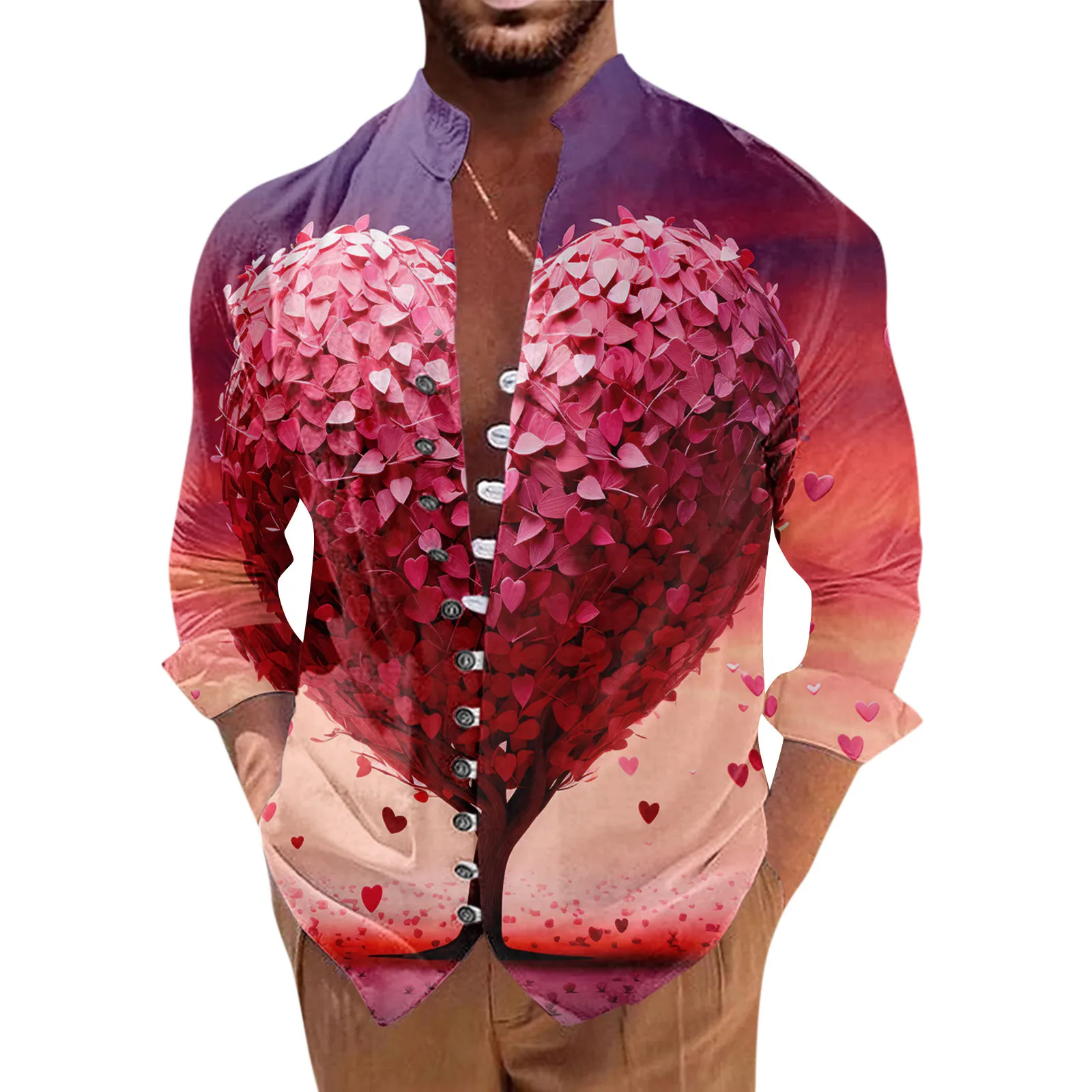 

Рубашка мужская в стиле ретро, Повседневная Свободная облегающая блуза с длинными рукавами, с принтом, с воротником-стойкой, День святого Валентина