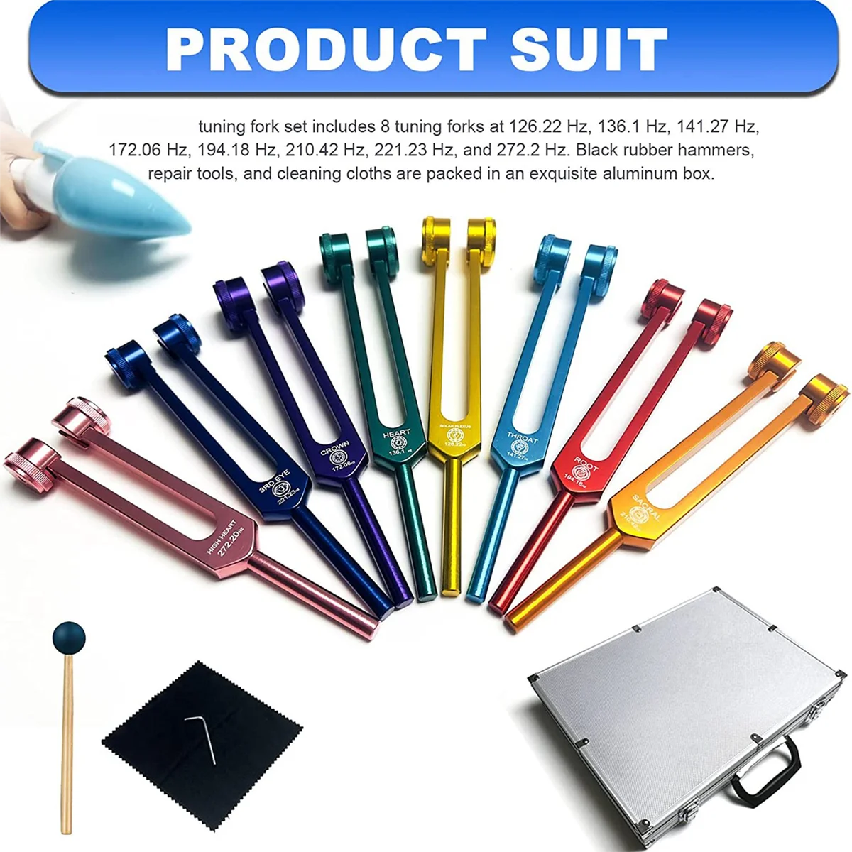 New Chakra Tuning Fork Set for Healing,Sound Therapy,Keep Body,with Rubber Mallet,Wrench,Cleaning Cloth and Aluminum Box 2