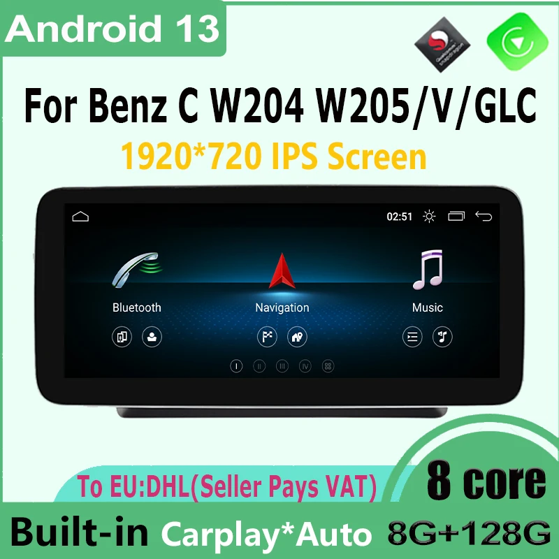 

12.3 Inch Wireless CarPlay Auto For Mercedes Benz C V GLC Class W204 W205 Android 13 Snapdragon 665 Car DVD Player GPS Radio 4G