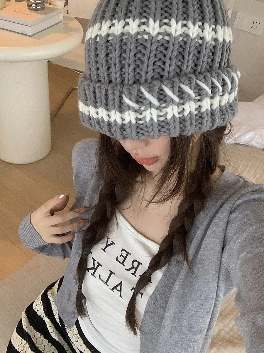 Gebreide beanie muts dames gestreept dik winter warm retro stijl_voghion.com