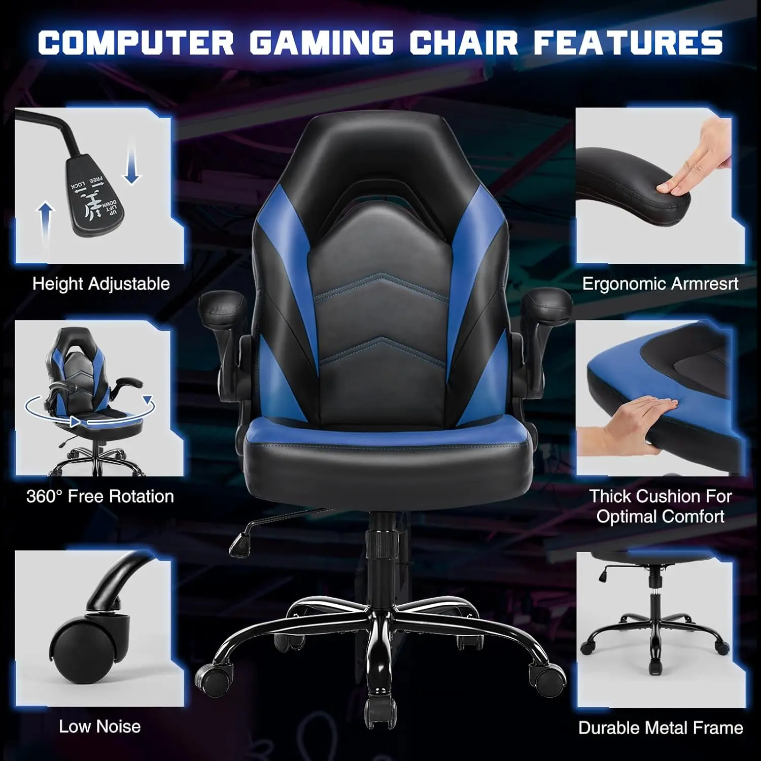 Ergonomic Computer Gaming Chair - Home Office Desk with PU Leather Lumbar Support, Height Adjustable Big and Tall Video Game 5