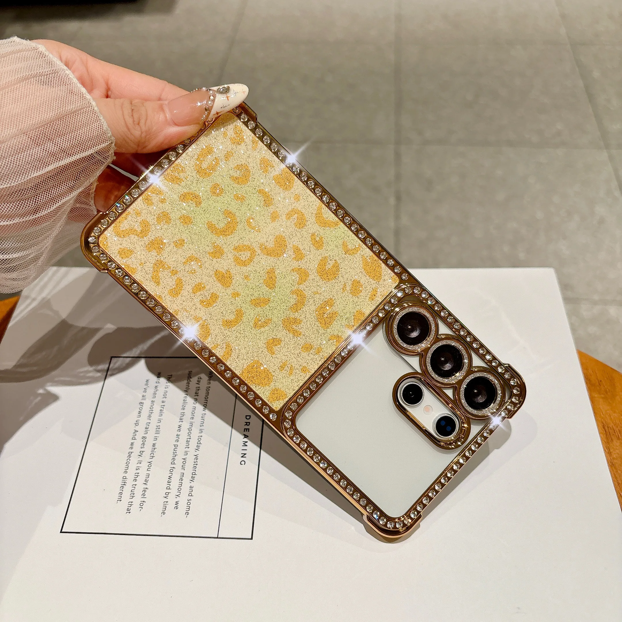 Glitter Diamond Leopard Print Phone Case with Lens Protection and Plating Shockproof Cover