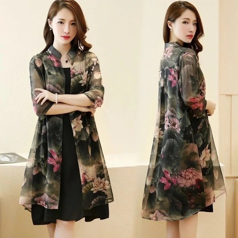 

2023 Summer Women Dress Suit Korea Fashion Elegant Chiffon Print Jacket Dress Short Sleeves Two Piece Suit Long Loose Dresses