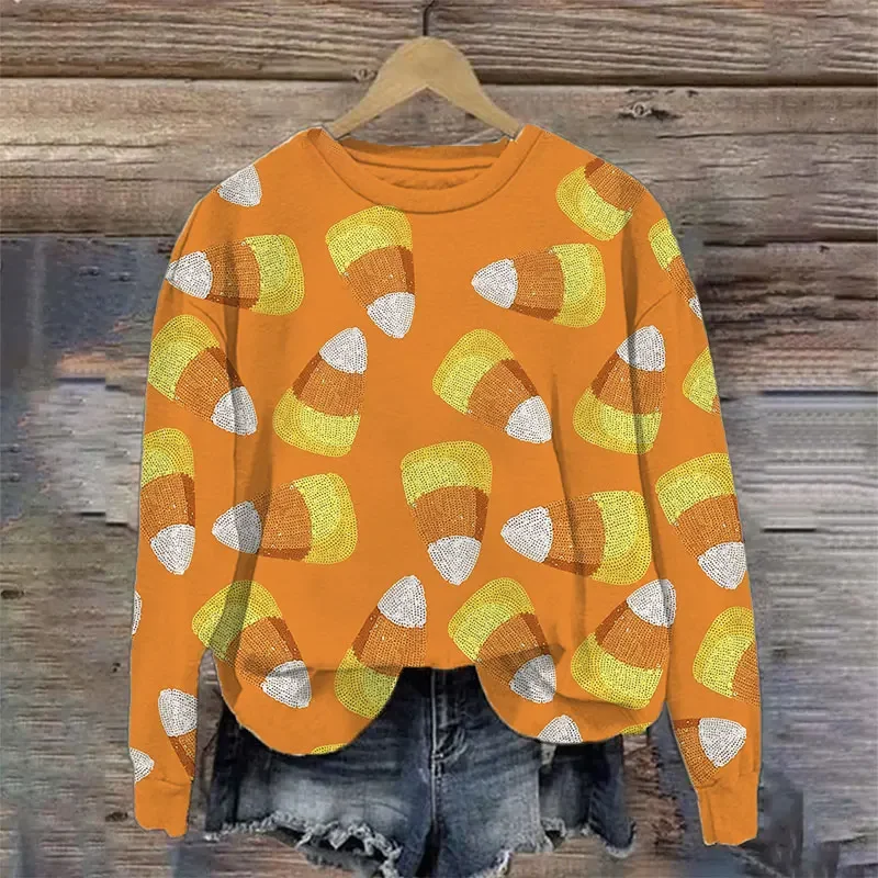 

Candy Corn Print Sweatshirt for Women Fall Crewneck Long Sleeve Pullover Tops