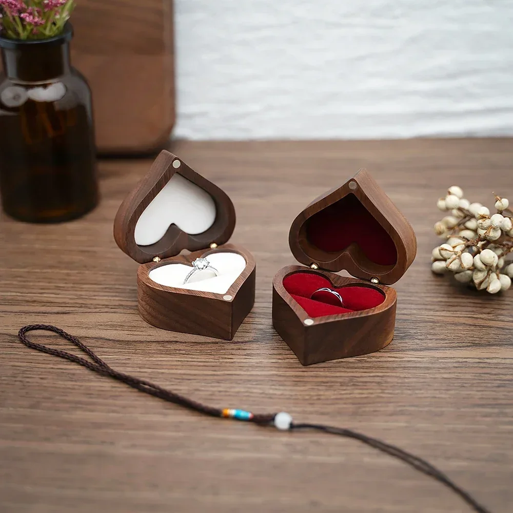 Classical Heart Shape Wedding Ceremony Ring Box Walnut Wood Jewelry Boxes Proposed Wedding Jewellery Storage Organizer Ring Box