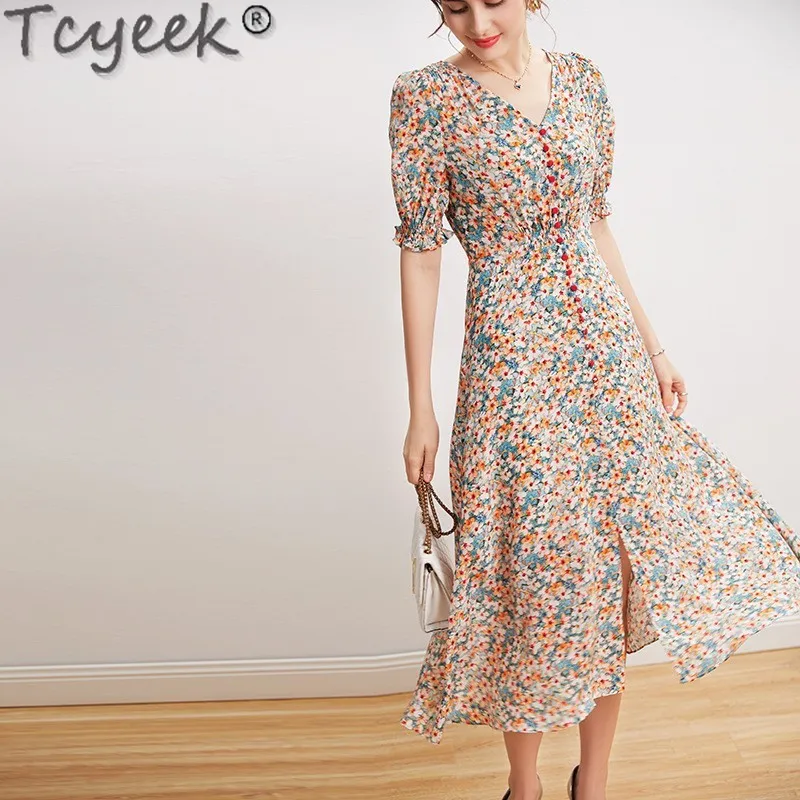 

Tcyeek 100% Real Silk Dress 2024 Summer Party Dress High-end Mulberry Silk Dresses for Women Clothes V-neck Split Dress Waist