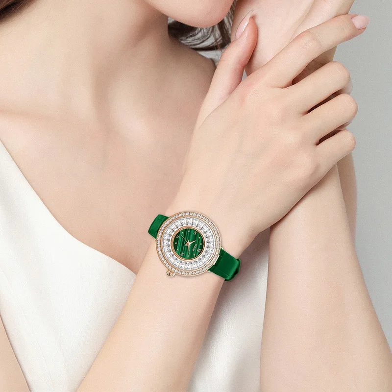 DOM Women Watch  New Ladies Quartz Watch Luxury Full Diamond Dial Waterproof Green Leather Strap Fashion Quartz Women's Watch