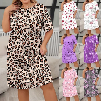 Plus Size Casual Leopard Dress Women Short Sleeve Knee Length Summer Spring Dresses Female Elegant Fashion Loose Dresses 4XL 5XL