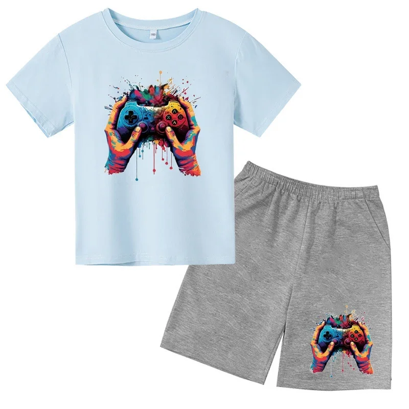 thumbnail image 1 of Conjunto de camiseta y pantalones cortos con estampado de máquina de juego de arte de grafiti para niños, moda de verano, informal, de manga corta, para niños y niñas, 1 of 5