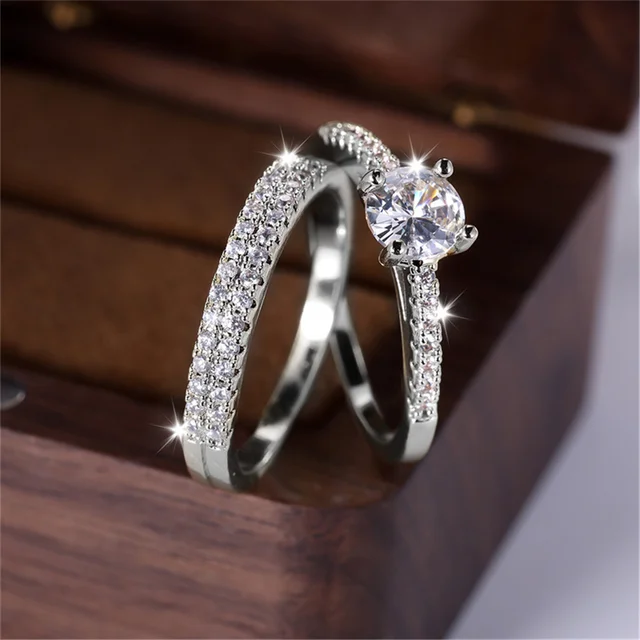 Luxury Female 2pcs Small Round White Zircon Stone Ring Set Promise Gold Color Wedding Engagement Jewelry For Women 3