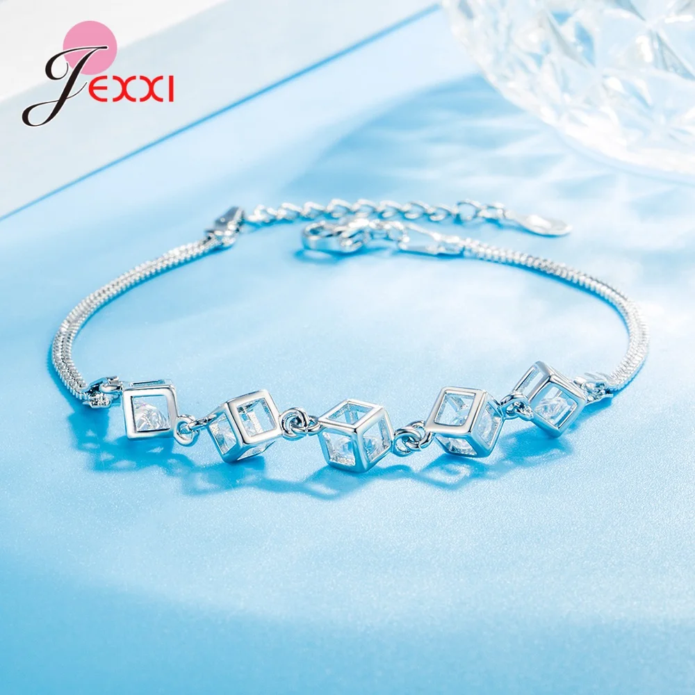 

Classic 925 Sterling Silver Bracelets Jewelry White Cubic Zircon Cube with Extender Chain for Women Girls Birthday Gift