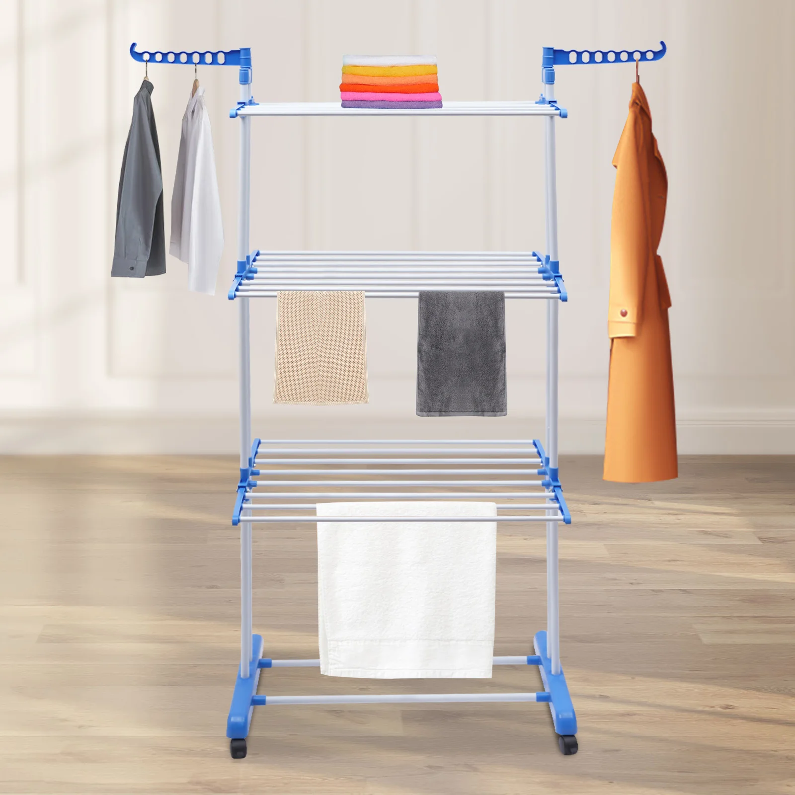 Modern 4 Tiers Metal Clothes Drying Rack Rectangular Folding Rolling Dryer Hanger Free Stand Laundry Organizer Gray/Blue 6