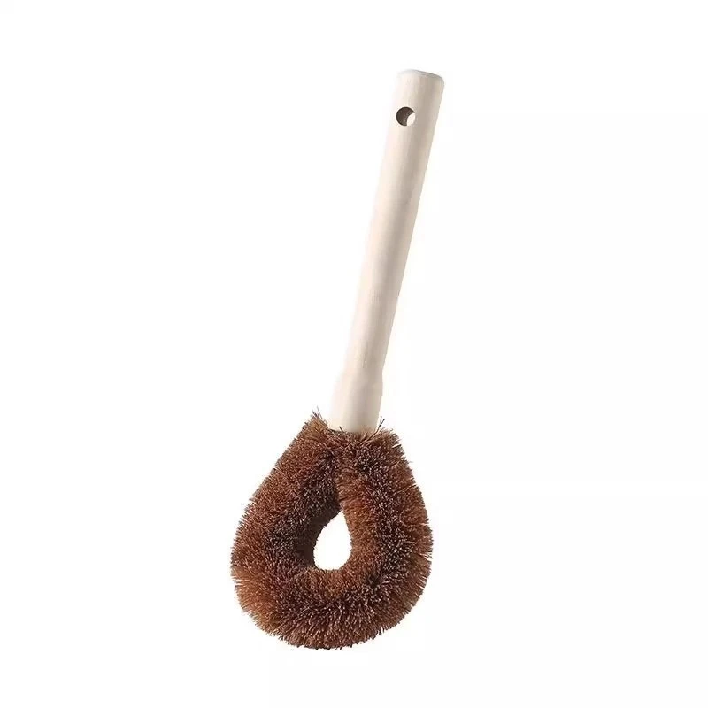 1PC Natural Coconut Brown Non-stick Oil Wooden Long Handle Pot Brush Cleaning Brush Hang Type Cleaning Brush Kitchen Accessories_voghion.com