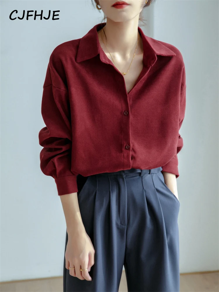 

CJFHJE Свободные однотонные повседневные рубашки женские белые осенне-зимние блузки с длинным рукавом Элегантная Дамская рубашка на пуговицах с отложным воротником