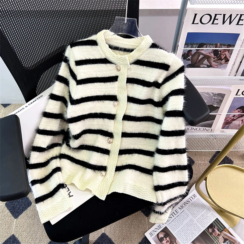 

Chic French Style Mink Sweater Jackets Long Sleeve Stripe Cashmere Cardigans Contrast Color Lady Cashmere Knitted Outwear H089