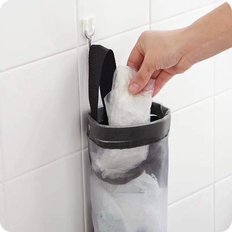1pc Grey Sundries Bag Storage Wall Mount Mesh Plastic Bags Dispenser Hanging Reused Storage Pouch Trash Bags Kitchen Garbage Org 2