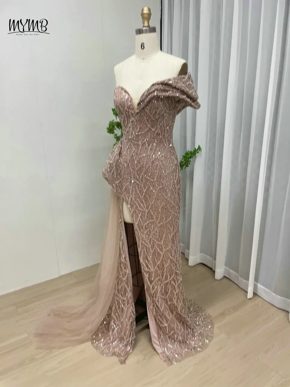 MYMB Atemberaubende, mit Perlen verzierte, schulterfreie Meerjungfrau-Abendkleider für Hochzeit, Party, Arabisch, sexy High Split, formelle Abendkleider MY30001 – Detail 9