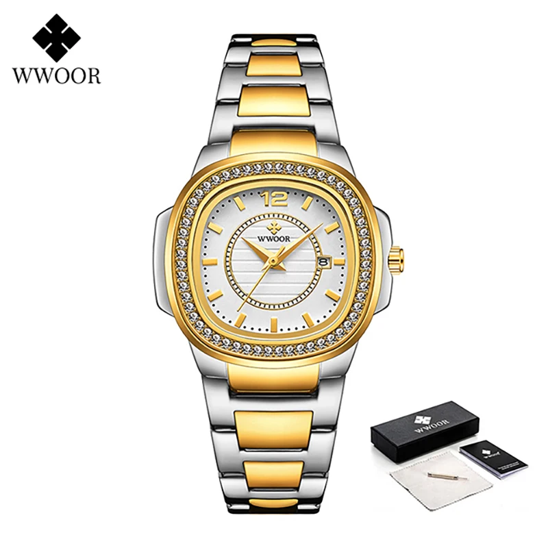 WWOOR Fashion Luxury Women Watch Diamond Ladies Quartz Bracelet Wristwatches Elegant Women Watch Date Female Clock Montre Femme