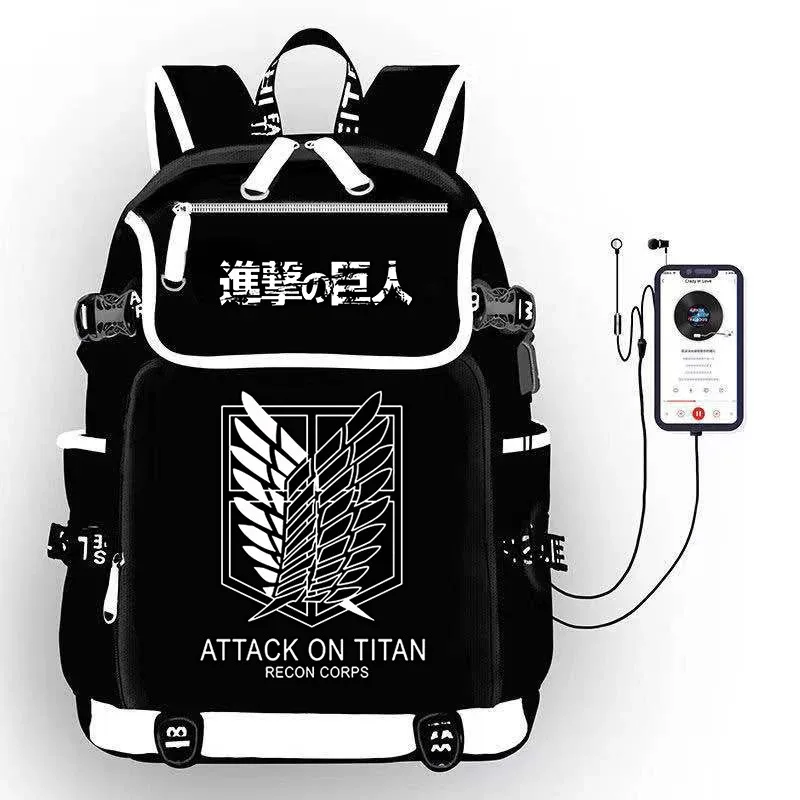 Titan Wings of Freedom Scouting Legion Anime Mochila con puerto USB, bolsa para libros escolares, bolsa de hombro para estudiantes, Mochila para computadora portátil