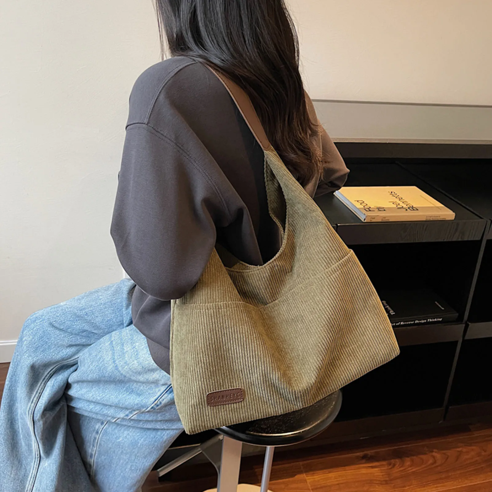 Corduroy Canvas Shoulder Bag Large Capacity Simple Crossbody Bag Casual Tote Bag School Travel Shopping Backpack