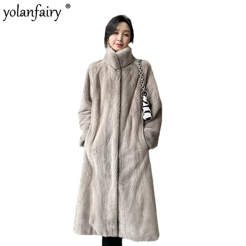 

Real Mink Fur Coat Women 2022 Luxury Winter Clothes Whole Mink Stand Collar Imported Velvet Long Womens Coat пальто женское FCY