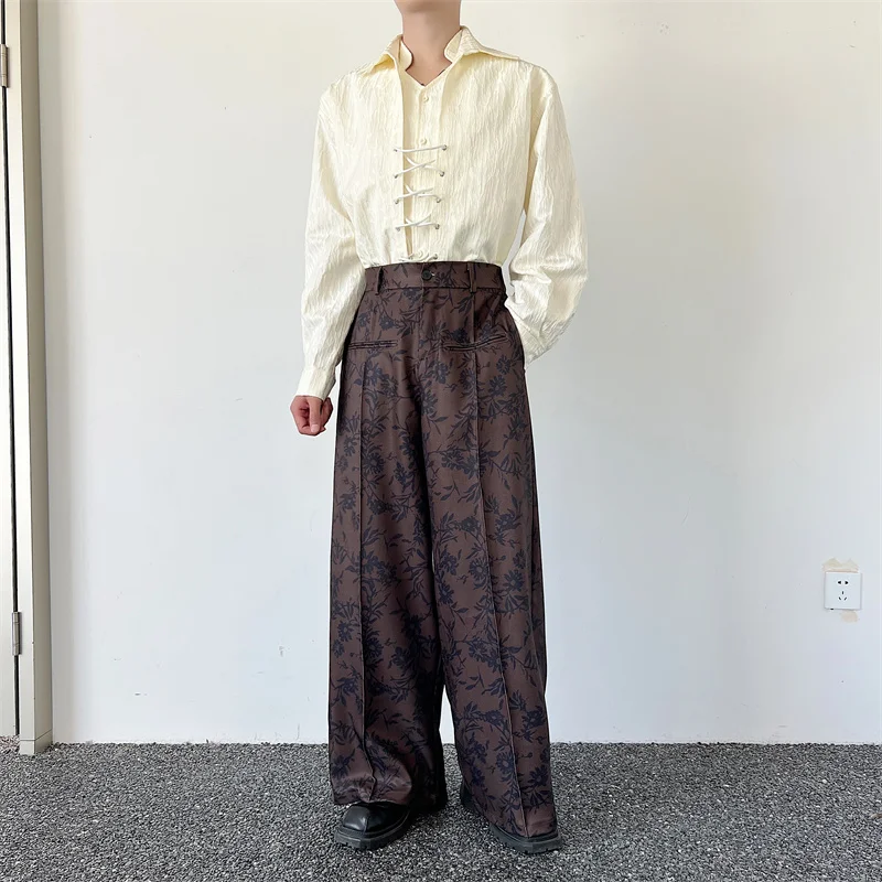Men Print Pants High Waist Draped Joggers Loose Streetwear Pockets Wide Leg Trousers Men Vintage Casual Male Pants