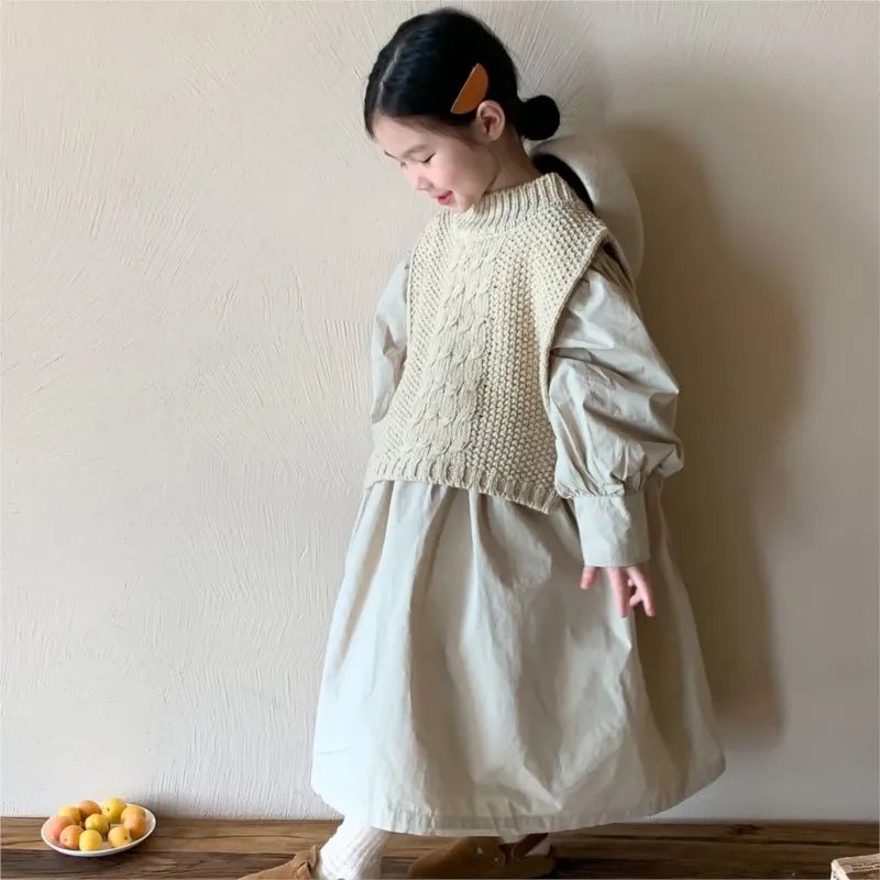 

MODX Children Girls Autumn Winter Clothes Set Cotton Knitted Warm Thick Shawl Suit Puff Collar Solid Loose Dress Kid Girl Outfit