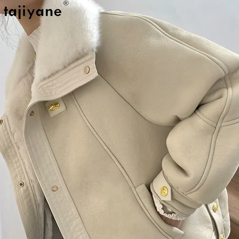

Tajiyane 2023 Natural Fur Coat Women Real Wool Fur Coats Mink Fur Collar Warm Fur Jackets for Women Winter Outwear Vestes Femmes