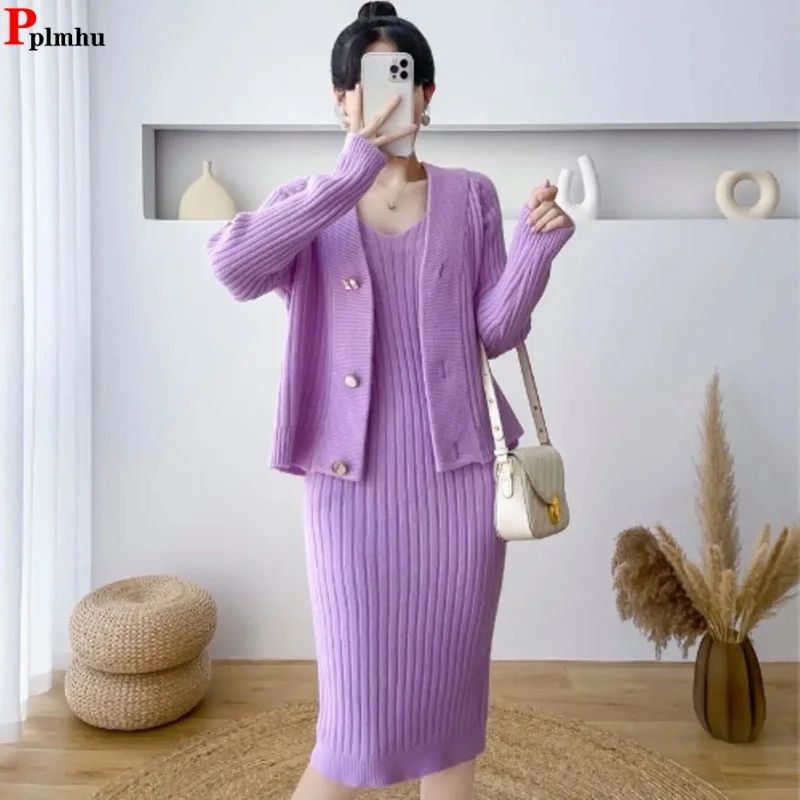 

Casual Knitwears 2 Piece Sets Short Soft Cardigan Conjuntos Slim Woman Sleeveless Mid Length Dress Ensemble Candy Colors Suits