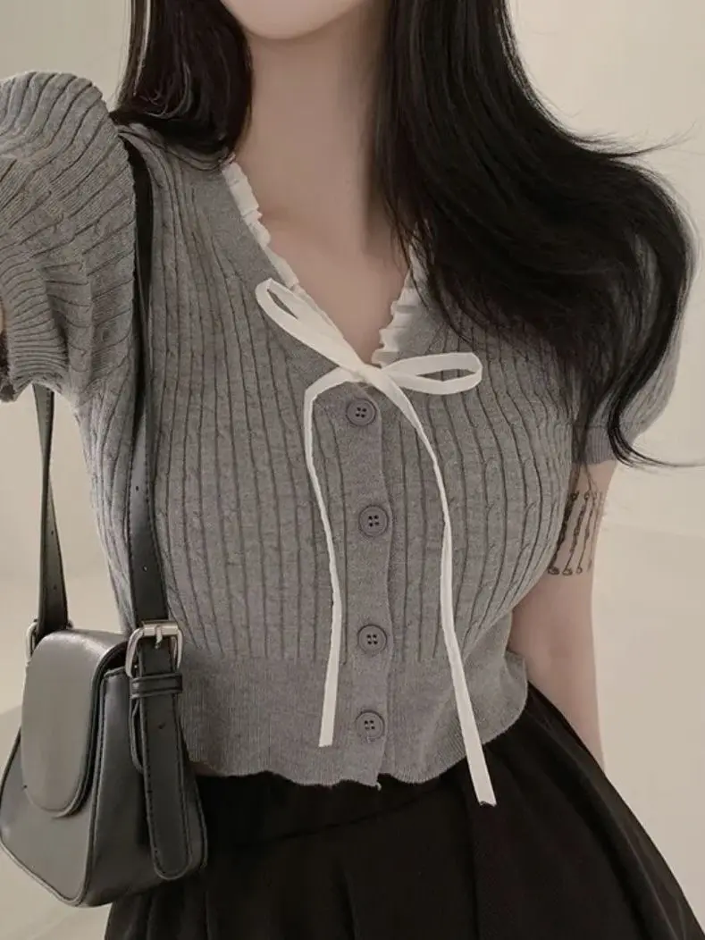 Chic Summer V-Ne ort Sve Knitwear Women's Slim Fit Ear Look Ties Top Commute Sle Regular Thin ort Length