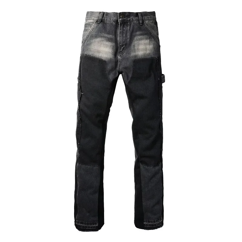 Trendy and Individual, Retro Color-blocking Fashion, Micro-flare, Non-elastic, Slim-fit European and American Men's Jeans. 2