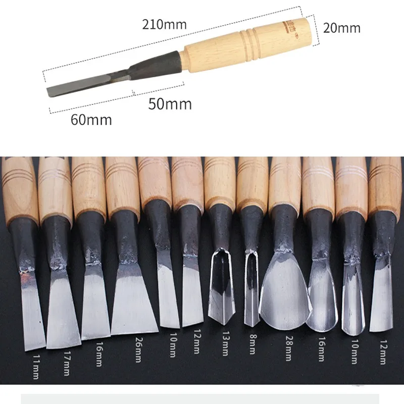 HSS stolarstwo język 12 sztuk drewna dłuto płaskie dłuta dłuta do obróbki drewna Boutique narzędzia z torba do noszenia